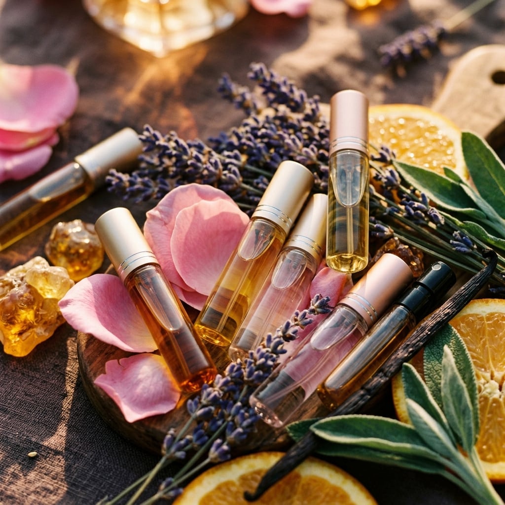 Curated unbranded niche perfume sample vials with botanicals