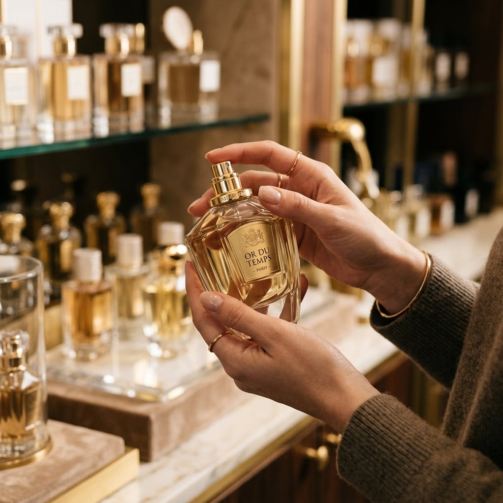 Luxury fragrance curator examining a perfume bottle in an elegant boutique