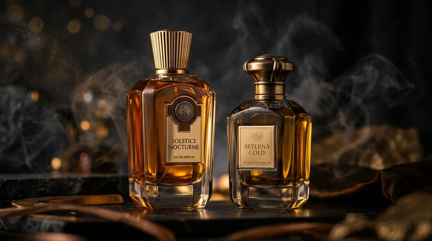 Artistic luxury perfume bottles in dramatic low-light setting