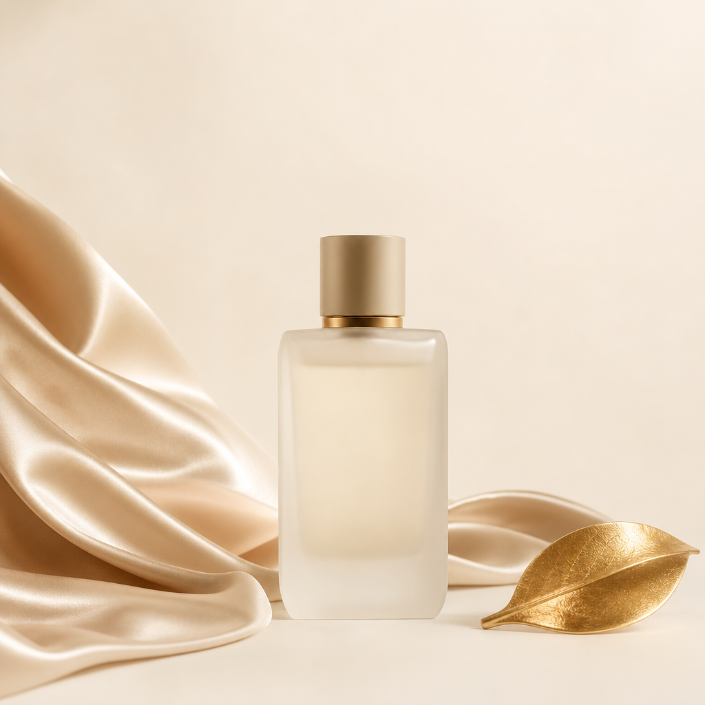 Minimal perfume bottle with champagne silk and gold accent