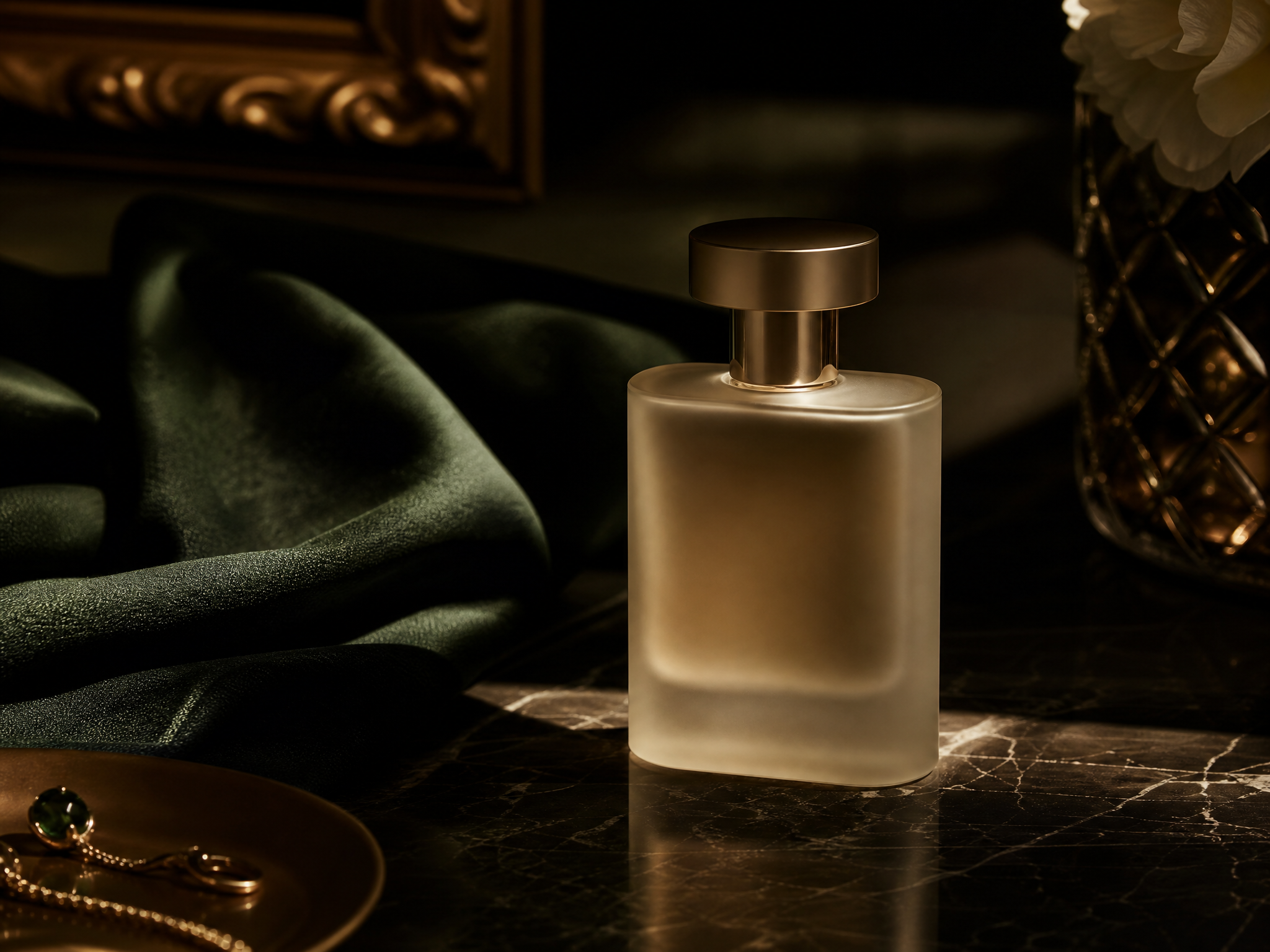 Perfume bottle on a dark surface with deep green and gold lighting
