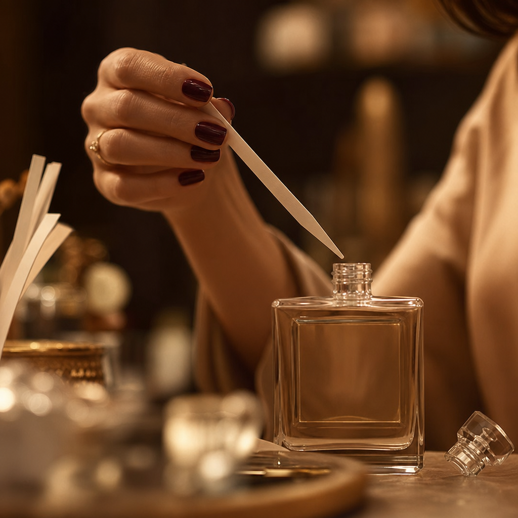 Hand holding a perfume scent strip beside a bottle in warm light