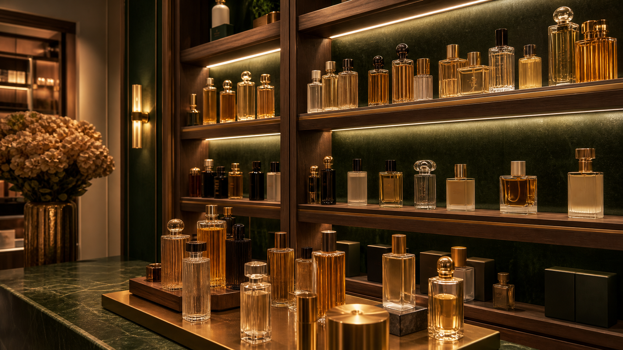 Luxury boutique shelf of perfume bottles in warm golden light