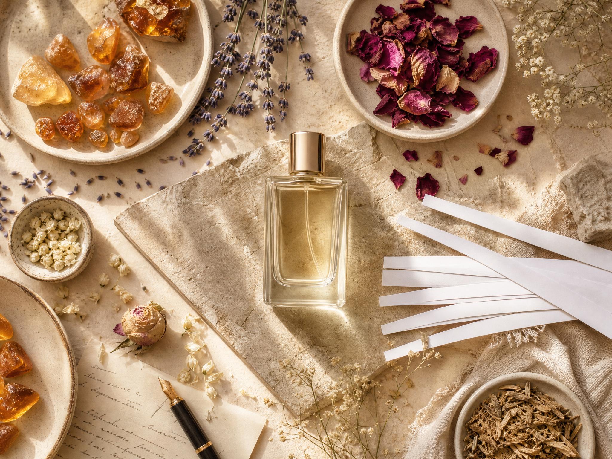 Editorial flat-lay of raw perfume materials, botanicals and scent strips